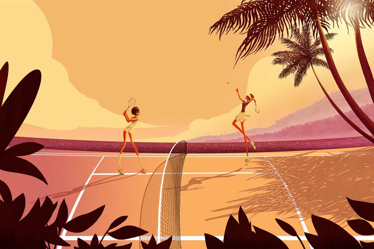 Girls on holiday splash for WeTransfer — social illustration by Guev