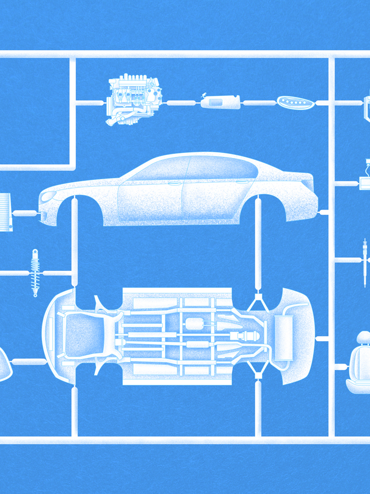 Disassembled car for Forbes feature about car industry — editorial illustration